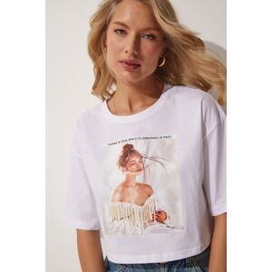 Happiness İstanbul Women's White Printed Oversize Crop T-Shirt