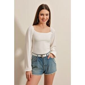 Bigdart 0465 Knitted Blouse with Balloon Sleeves - White