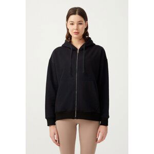 LOS OJOS Women's Black Oversized Hooded Rack Zipper Knitted Sweatshirt.