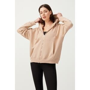 LOS OJOS Women's Beige Hooded Oversize Raised Zipper Knitted Sweatshirt