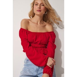Happiness İstanbul Women's Red Carmen Collar Flounced Crop Blouse