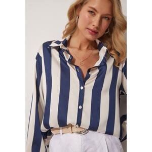 Happiness İstanbul Women's Navy Blue Cream Striped Satin Shirt