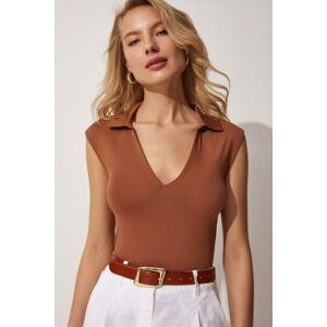 Happiness İstanbul Women's Brown Polo V-Neck Flowy Knitted Blouse