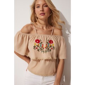 Happiness İstanbul Women's Biscuit Embroidered Strap Knitted Blouse