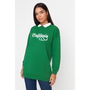 Trendyol Green Polo Neck College Printed Knitted Sweatshirt
