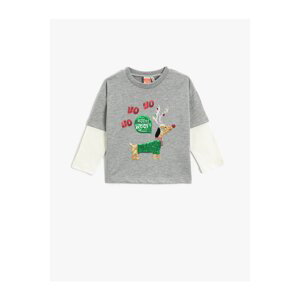 Koton Christmas Themed Long Roll-Out Sleeve T-Shirt Sequin Embroidered Crew Neck