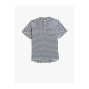 Koton Mandarin Collar T-Shirt Short Sleeve Buttoned Single Pocket Striped Cotton