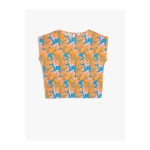 Koton Pleated T-Shirt Floral Patterned Short Sleeve Crew Neck