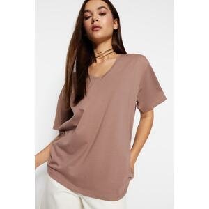 Trendyol Mink 100% Cotton Oversize V-Neck Knitted T-Shirt