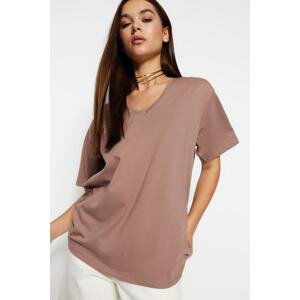Trendyol Mink 100% Cotton Oversize V-Neck Knitted T-Shirt