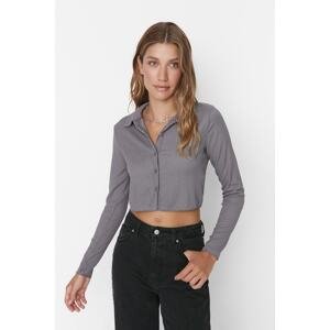 Trendyol Gray Button Fitted Polo Neck Ruffle/Textured Crop Knitted Blouse