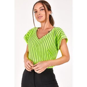 armonika Women's Neon Green V-Neck Short Sleeve Blouse