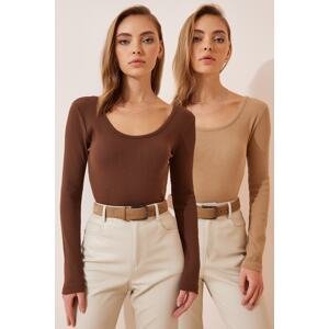 Happiness İstanbul Women's Brown Biscuit 2-Pack U Neck Ribbed Knitted Blouse