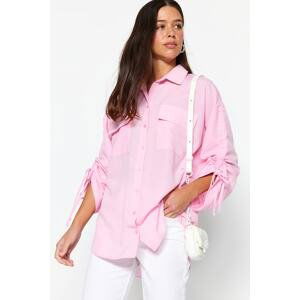 Trendyol Light Pink Adjustable Gathered Detail Woven Cotton Shirt with Sleeves