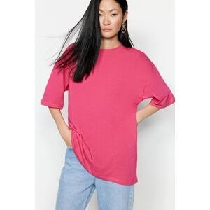 Trendyol Fuchsia 100% Cotton Premium Oversize/Wide Fit Crew Neck Knitted T-Shirt