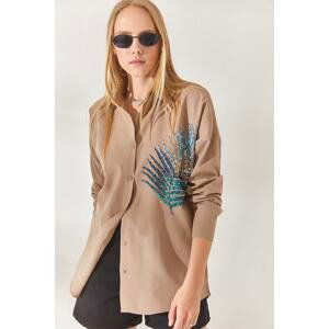 Olalook Mink Palm Sequin Detailed Oversized Woven Poplin Shirt