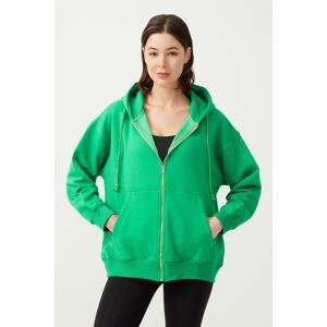 LOS OJOS Women's Green Hooded Oversize Raised Zipper Knitted Sweatshirt