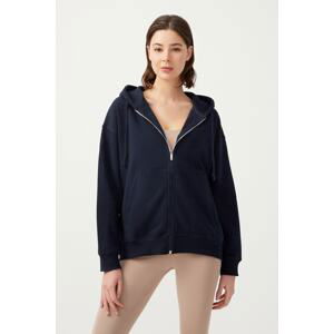 LOS OJOS Women's Navy Blue Hooded Oversized Rayon Zipper Knitted Sweatshirt.