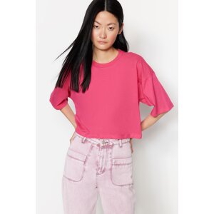 Trendyol Fuchsia 100% Cotton Premium Crop Crew Neck Knitted T-Shirt