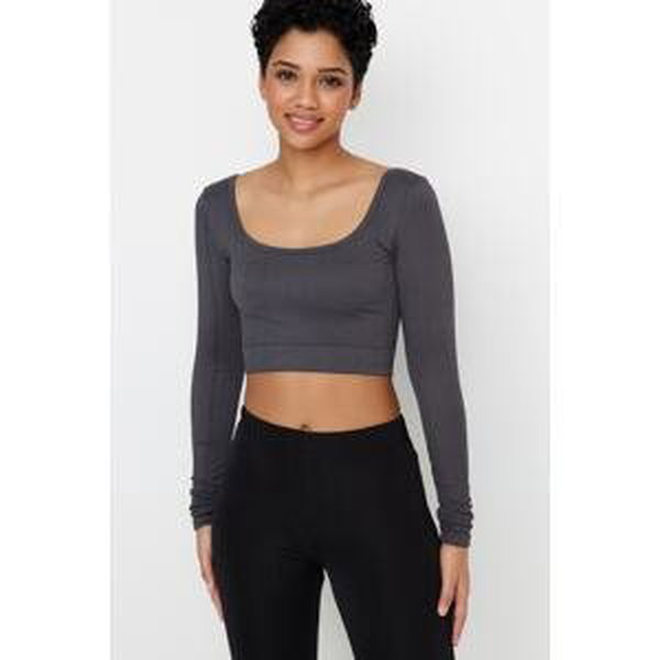 Trendyol Dark Anthracite Seamless Crop Extra Stretchy Square Neck Sports Blouse