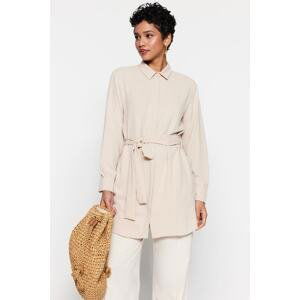 Trendyol Stone Belted Hidden Pat Woven Shirt