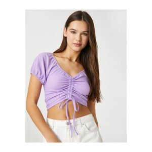 Koton Crop T-Shirt Balloon Sleeves Shirred Detail V-Neck