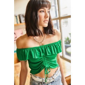 Olalook Women's Grass Green Boat Neck Front Gathered Crop Knitted Blouse