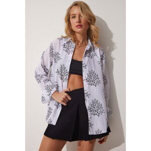 Happiness İstanbul Women's White Black Patterned Oversized Linen Blend Shirt