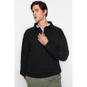 Trendyol Unisex Anthracite Oversize Fit Wide Fit Polo Collar Non-Pilling Basic Knitwear Sweater