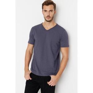 Trendyol Anthracite Pánske základné tričko s výstrihom do V Basic 100% bavlnené rozšírené jednoduché džersejové tričko
