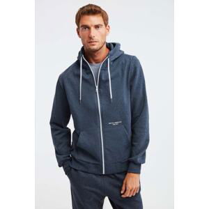 GRIMELANGE Momentum Men's Zippered High Collar Hooded Navy Blue Sweatshirt with Embroidery Drawstring and Fleece Insid