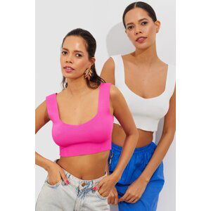 Cool & Sexy Women's Fuchsia-White Double Breasted Knitwear Crop Singlet YV134