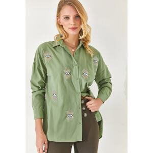 Olalook Mustard Green Sequin Detailed Woven Boyfriend Shirt