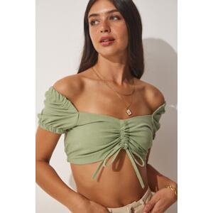 Happiness İstanbul Women's Almond Green Linen Blended Gathered Crop Blouse