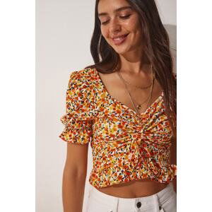 Happiness İstanbul Women's Orange Yellow Floral Gathered Crop Knitted Blouse