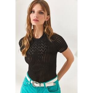 Olalook Women's Black Geometric Cotton Knitwear Blouse with Openwork