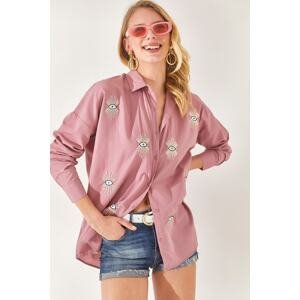 Olalook Dried Rose Sequin Detailed Woven Boyfriend Shirt