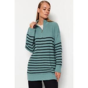 Trendyol Mint pruhovaný zips detailný pletený sveter