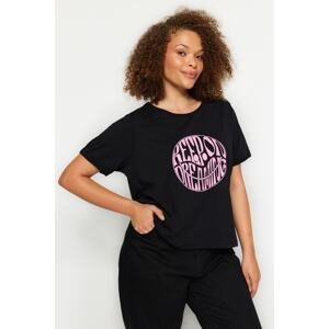 Trendyol Curve Black Motto Printed Crop Knitted T-shirt