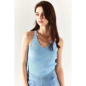Olalook Women's Baby Blue Ribbed Knitwear Blouse with Cross Stone Detail on the Back