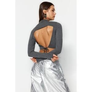Trendyol Anthracite Backless High Collar Fitted Crop Cotton Stretchy Knitted Blouse