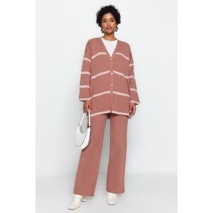 Trendyol Pale Pink Roving Knit Knitwear Cardigan-Trousers Bottom-Top Set