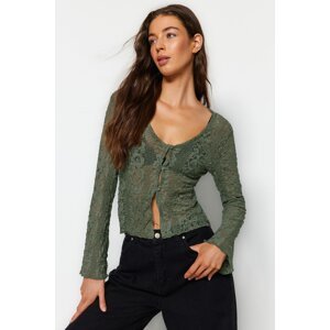 Trendyol Khaki V-Neck Button Detailed Lace Knitted Blouse