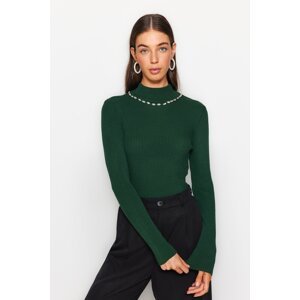 Trendyol Emerald Green Stone vyšívaný pletený sveter