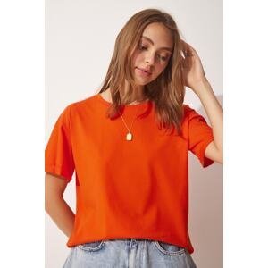 Happiness İstanbul Women's Orange Crew Neck Cotton Loose Knitted T-Shirt
