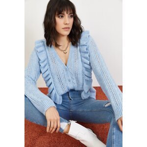 Bianco Lucci Women's Blue Openwork Frilly Soft Buttoned Cardigan