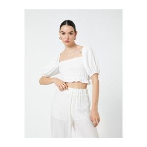 Koton Crop Blouse with Balloon Sleeves Square Collar Ruffled