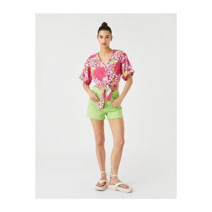 Koton Floral Shirt Front Tied Linen Viscose Blended