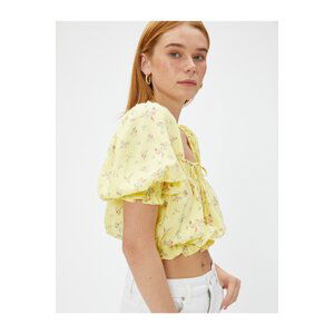 Koton Floral Balloon Sleeve Square Neck Crop Blouse