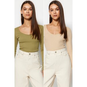 Trendyol Khaki-Beige 2 Pack V-Neck Fitted Cotton Stretchy Knitted Blouse